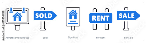 A set of 5 mix icons as advertisement house, sold, sign post
