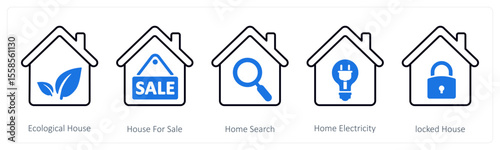 A set of 5 mix icons as ecological house, house for sale, home search