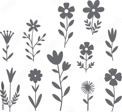 Collection of Gray Floral Silhouettes Simple Flower Designs Botanical Elements Gray Scale Vector Graphics Various Flower Shapes and Stems
