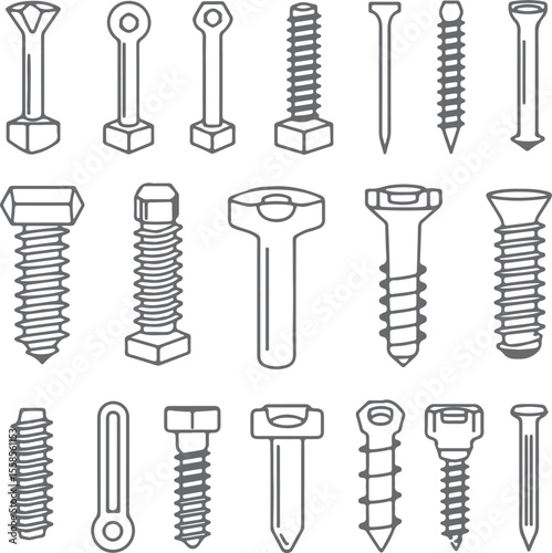 Collection of Gray Metal Screws Bolts and Nails Various Shapes and Sizes Silhouette Line Art Technical Drawing