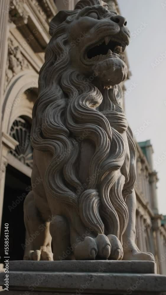 Majestic stone lion guarding historical building Majestic stone lion guarding historical building