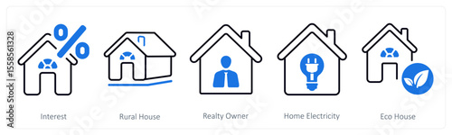 A set of 5 mix icons as interest, rural house, realty owner