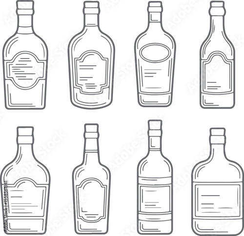 Eight Gray Silhouette Liquor Bottle Illustrations with Blank Labels Various Shapes and Sizes Hand Drawn Style Vintage Design Elements