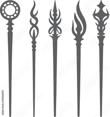 Five Gray Silhouette Staffs with Ornate Tops Different Decorative Finials Abstract Vector Design Elements
