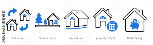 A set of 5 mix icons as relocation, country house, rural house