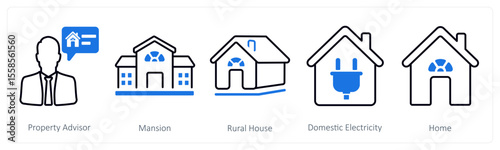 A set of 5 mix icons as property advisor, mansion, rural house