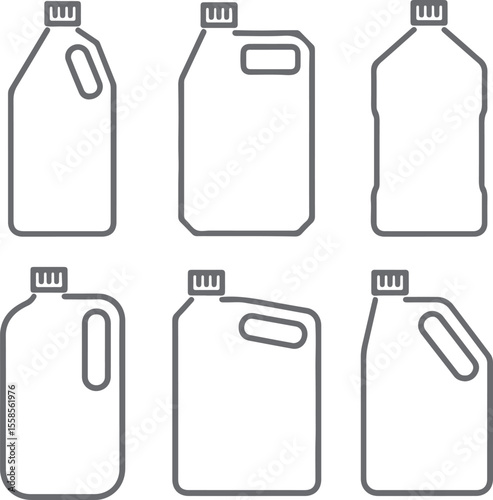 Six Gray Silhouette Plastic Jug Containers Various Sizes and Shapes with Caps Top View