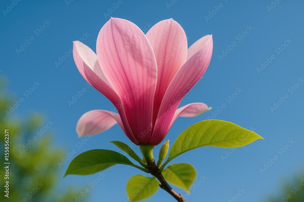 Fototapeta premium Vibrant pink magnolia bloom under a clear blue sky in springtime