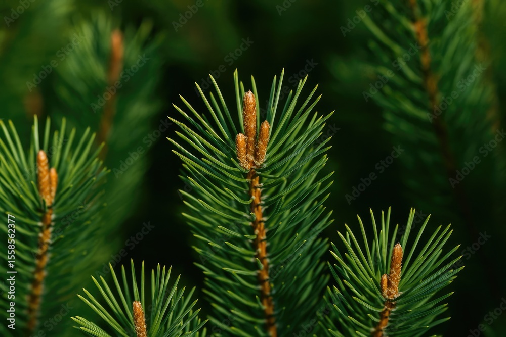Close-up of a pine branch showcasing needles and new growth Close-up of a pine branch showcasing needles and new growth