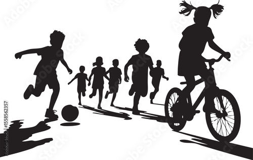 Diverse group of children playing outdoors with a girl on a bicycle and others kicking a soccer ball