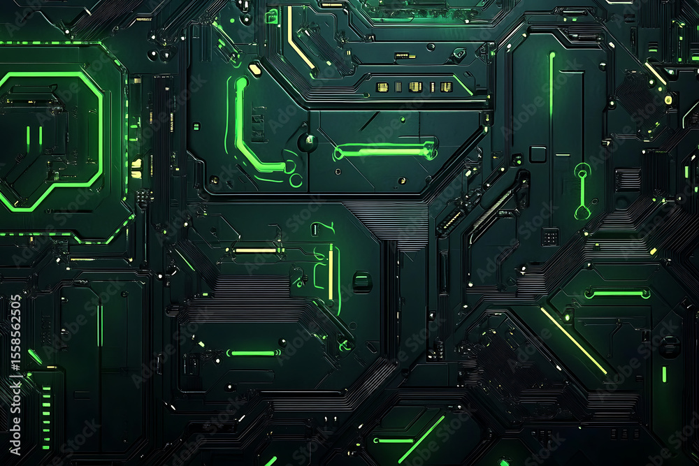 Fototapeta premium Abstract green and black circuit board design with glowing elements showcasing technology