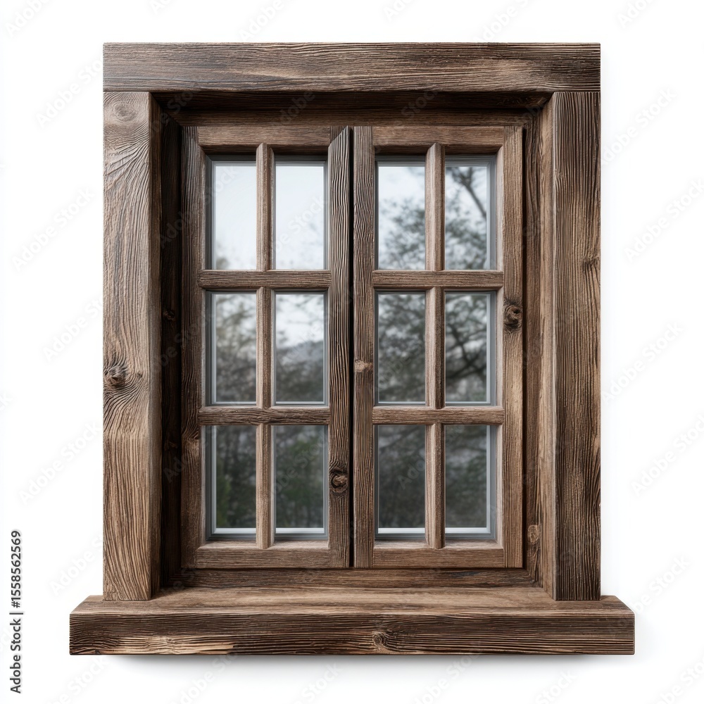 Rustic wooden window with natural wood grain and a scenic view of trees and sky Rustic wooden window with natural wood grain and a scenic view of trees and sky