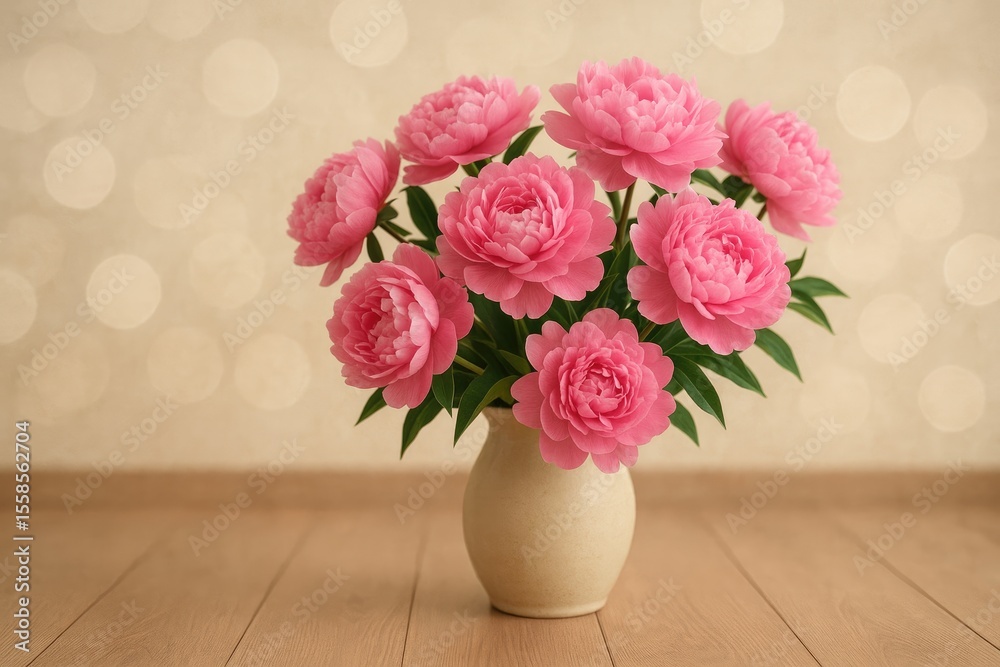 Elegant pink peonies arranged in a vase against a blurred background on a wooden surface Elegant pink peonies arranged in a vase against a blurred background on a wooden surface