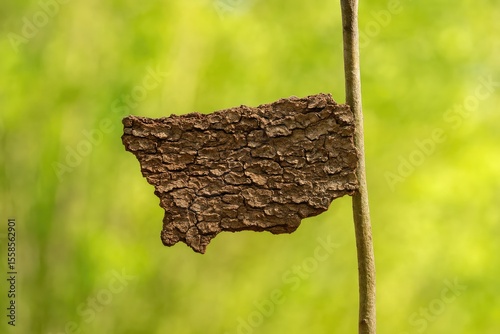 A fragment of bark dangling from a branch