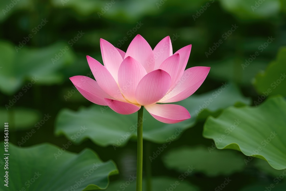 Beautiful pink lotus blooming in a serene pond scene Beautiful pink lotus blooming in a serene pond scene