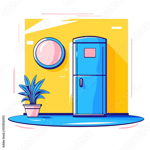 Vibrant Kitchenette with Blue Refrigerator and Potted Plant