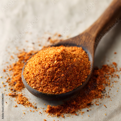 Barbecue spice rub in a wooden spoon, high-resolution, clean backdrop