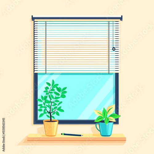 Window with Plants, Blinds, and Pencil: A Cozy Indoor Scene Illustration