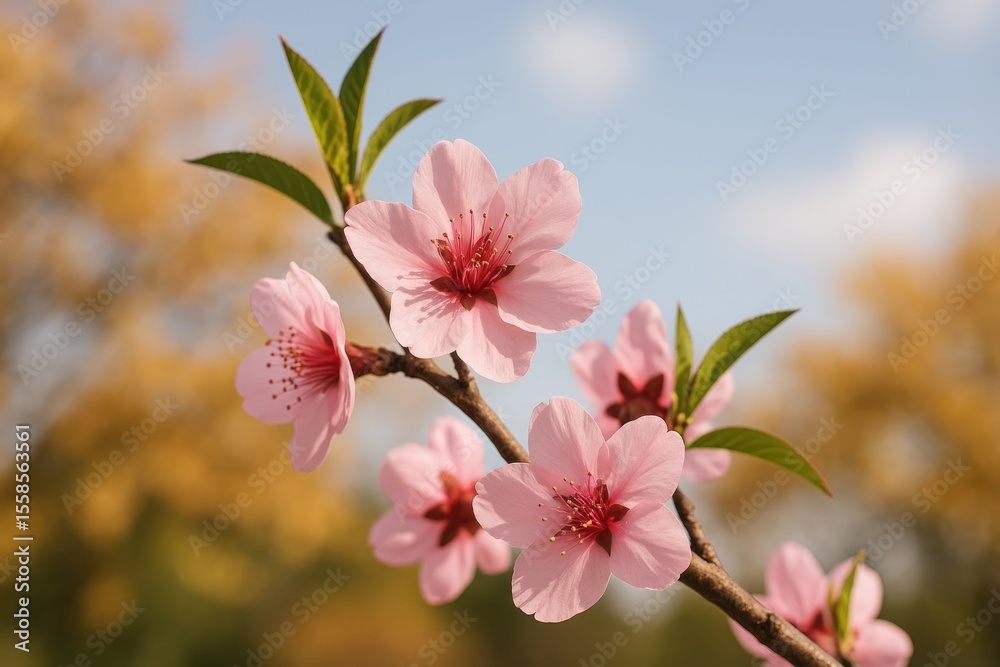 Obraz premium Autumn scene showcasing a pink peach flower on a tree branch