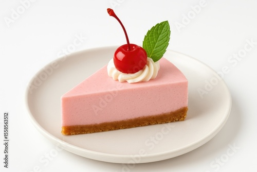 Delicious pink cheesecake topped with a maraschino cherry on a plate