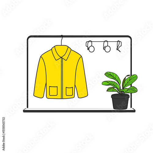 Bright yellow jacket hanging next to a potted plant on a clothing rack