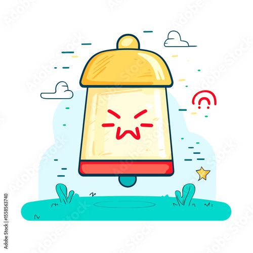Cartoon Bell with Angry Face, Red Accent, and Whimsical Landscape Elements
