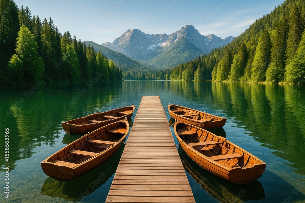 Obraz premium Alpine lake scene featuring a pier and boats set against a lush forest backdrop