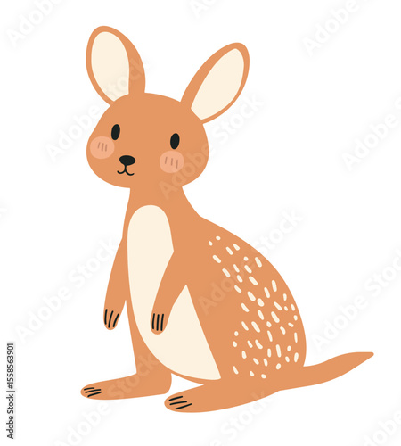 Cute flat-style vector kangaroo in warm terracotta and cream tones, with sprinkled texture on its back and rosy cheeks. Ideal for children’s décor, nursery prints, greeting cards, stickers, and web