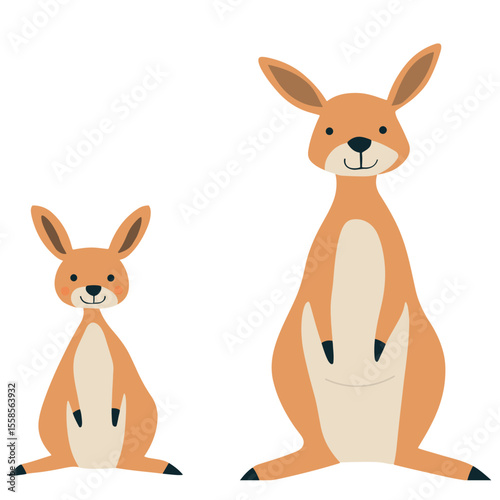 Flat minimal vector illustration of two smiling kangaroos—adult and joey—in warm orange and cream tones. Playful and modern, ideal for children’s décor, nursery prints, greeting cards, stickers