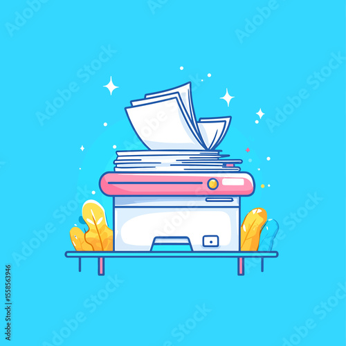 Cartoon printer overflowing with white paper, flanked by stylized yellow leaves