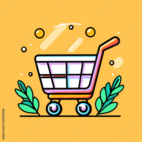 Colorful, Illustrated Shopping Cart with Decorative Leaves and Bubbles
