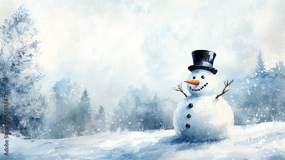 Obraz premium Snowman wearing a hat in a serene winter forest landscape