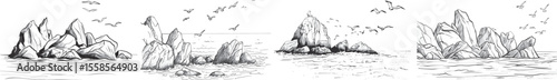 Rocks in Sea, Black and White Vector Landscape with Birds.