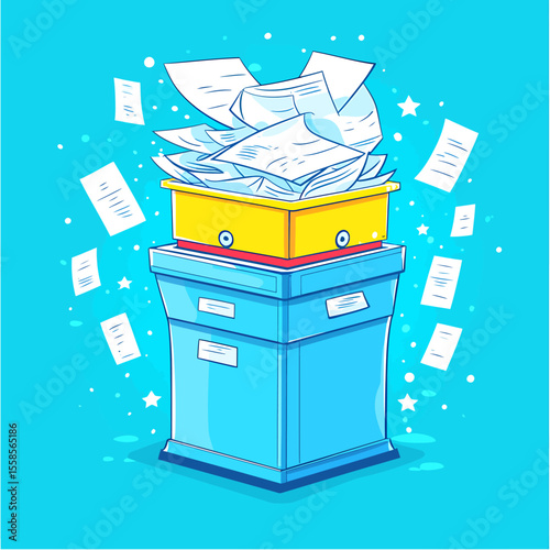Overflowing File Cabinet with Scattered Documents and Yellow Box.