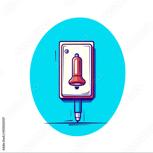 Stylized Red Bell Icon on a White Rectangle with Blue Circle Backdrop