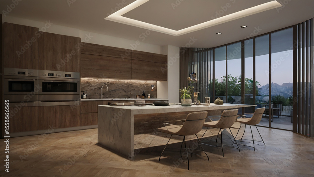 Fototapeta premium Modern dining room with kitchen. Created using generative AI tools