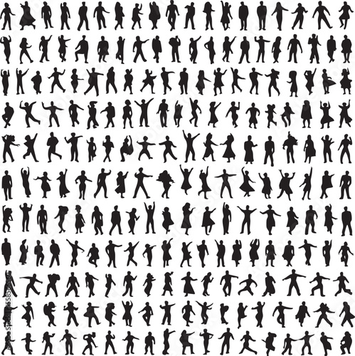 Collection of diverse human silhouettes in various dynamic poses and activities on a white background