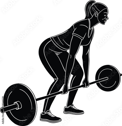 Silhouette of a female weightlifter performing deadlift with barbell