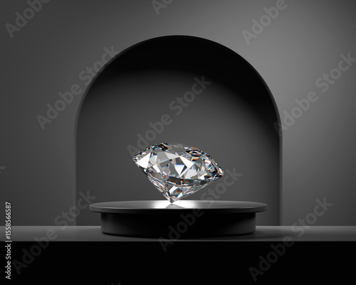 Abstract diamond gem placed on black pedestal podium background 3d rendering	
