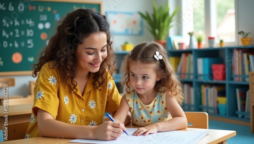 Una psicopedagoga guía a una niña a través de coloridos ejercicios en un aula luminosa y acogedora para niños