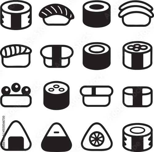 Collection of Black and White Sushi Icons including Maki Nigiri Onigiri and Uramaki Silhouettes Simple Line Art Graphic Design Elements for