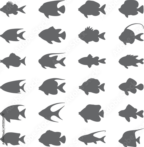 Collection of Gray Fish Silhouettes Diverse Aquatic Life Forms Simple Gray Scale Aquatic Animal Icons Set of Various Fish Shapes