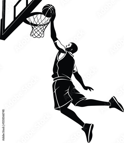 Silhouette of a basketball player performing a slam dunk at the hoop