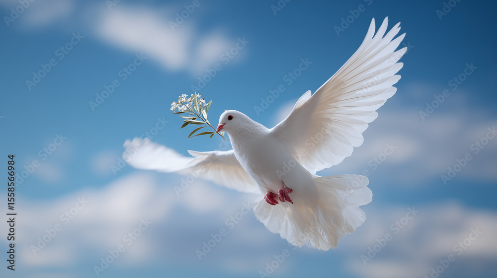 Fototapeta premium A white dove with outstretched wings is flying in a clear blue sky, holding an olive branch in its beak. The sun shines brightly, illuminating the bird and creating a peaceful, serene scene