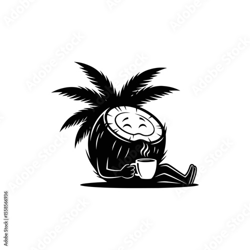 A cartoon coconut with palm fronds is sitting and drinking coffee for pura vida coffee bar logo design