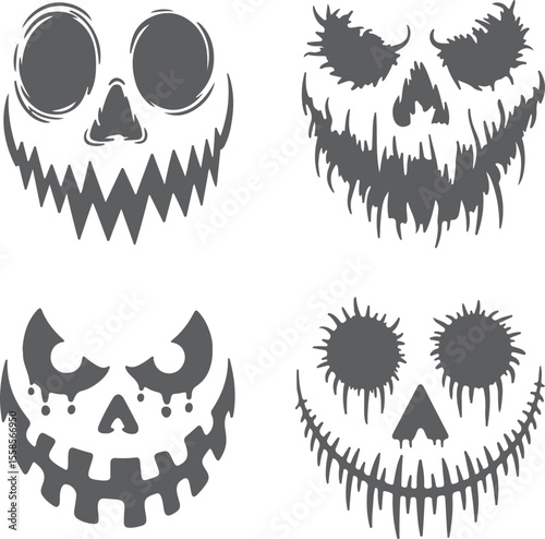 Four Grey Halloween Silhouette Faces Spooky Scary Monster Masks Cartoonish Grunge Style Jackolantern Designs