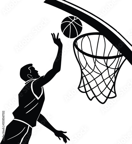 Silhouette of a basketball player performing a slam dunk at the hoop