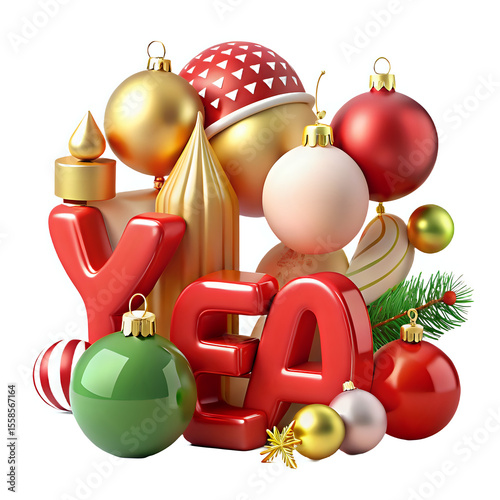 christmas balls and decorations, 3d cartoon ,isolated on transparent white background