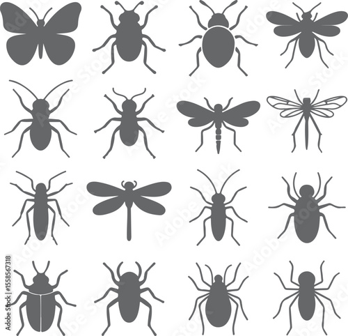Sixteen Gray Insect Silhouettes Collection Butterfly Beetle Dragonfly Ant Spider Graphic Design Elements Set