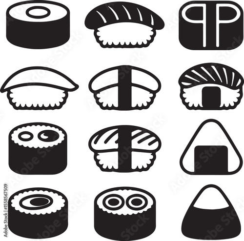 Twelve Black and White Silhouette Icons of Various Sushi Types Including Maki Nigiri and Onigiri